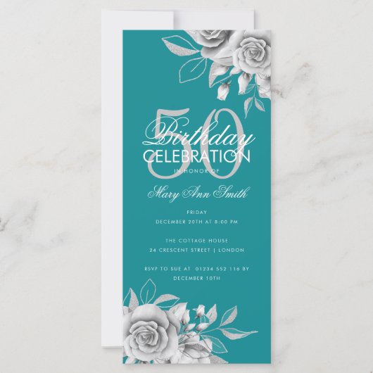 Budget Floral Geburtstagsparty Silver Aquamarin (Vorderseite)
