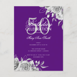 Budget Floral Geburtstagsparty Silver & Lila Postkarte