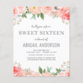 Budget Floral Girly Sweet 16 Geburtstag Einladung (Vorderseite)