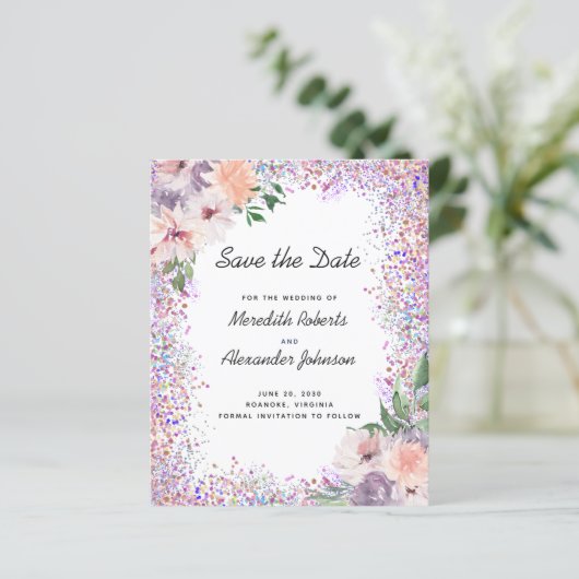 Budget Floral Glitzer QR Code Save the Date Karte (Stehend Vorderseite)