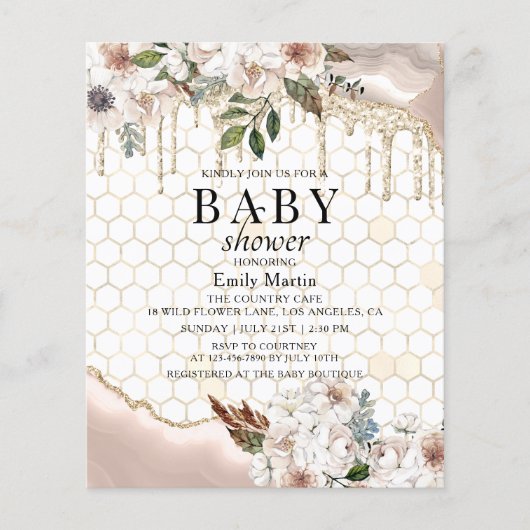 BUDGET Floral Glitzer Tropfen Marble Baby Dusche Flyer (Vorne)