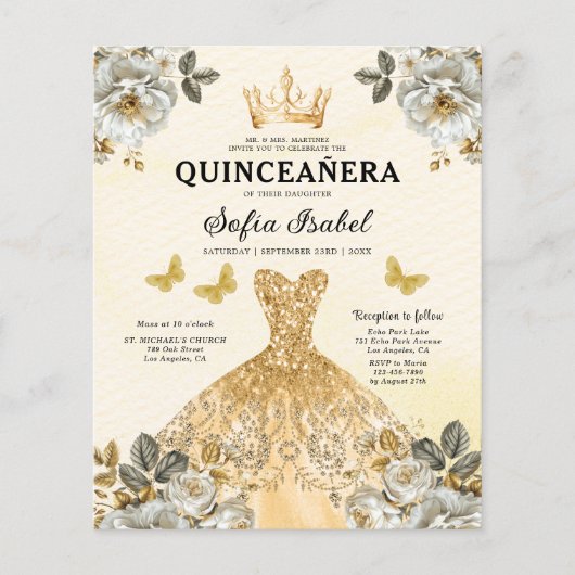 Budget Floral Gold Butterfly Princess Quinceanera Flyer (Vorne)
