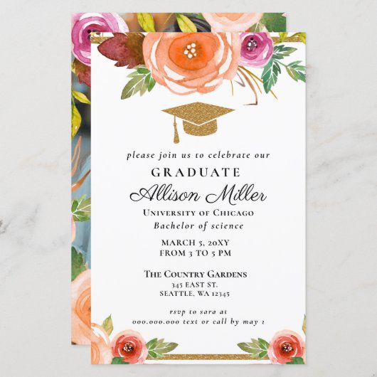 Budget Floral Gold Foto Abschluss Einladung (Vorne/Hinten)