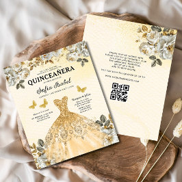 Budget Floral Gold QR Code Princess Quinceanera Flyer