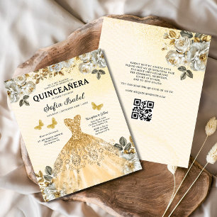 Budget Floral Gold QR Code Princess Quinceanera Flyer