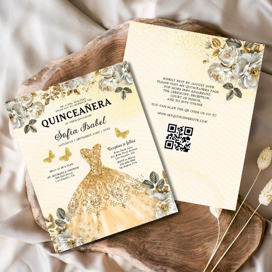 Budget Floral Gold QR Code Princess Quinceanera Flyer