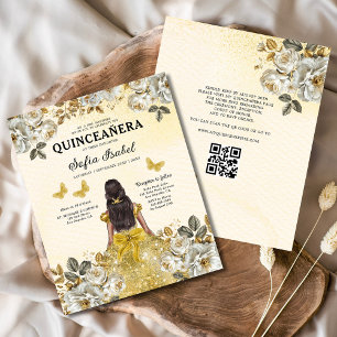 Budget Floral Gold QR Code Princess Quinceanera Flyer