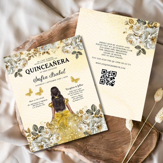Budget Floral Gold QR Code Princess Quinceanera Flyer