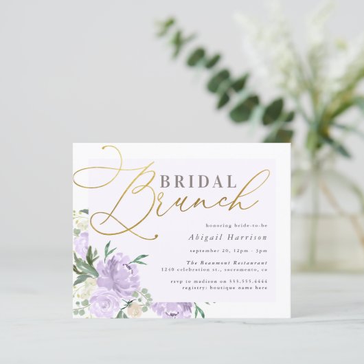 Budget Floral Gold Script Lavender Bridal Brunch (Stehend Vorderseite)