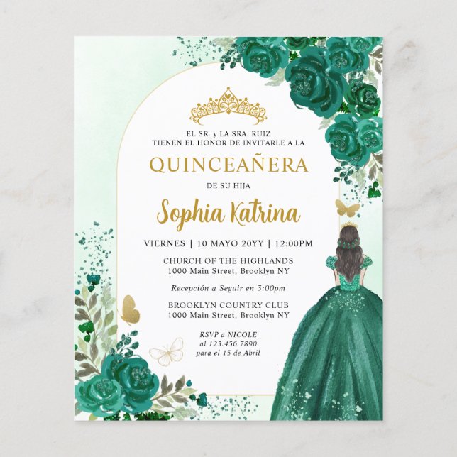 Budget Floral Green BILINGUAL Spanisch Quinceanera (Rückseite)