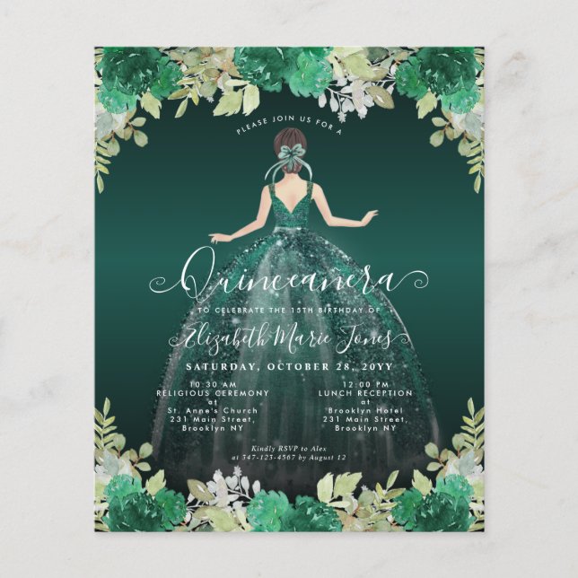 Budget Floral Green BILINGUAL Spanisch Quinceanera (Vorderseite)
