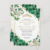 Budget Floral Green Gold Tiara Quinceañera Einladu Mitteilungskarte (Vorne/Hinten)