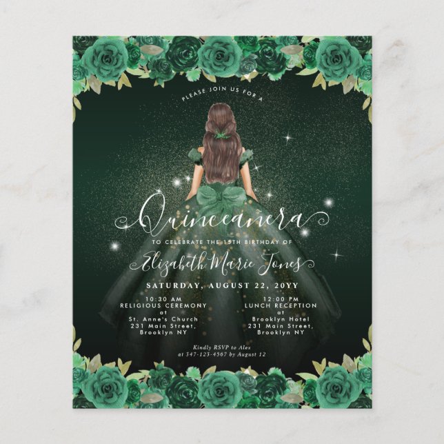 Budget Floral Green Princess Birthday Quinceanera (Vorderseite)