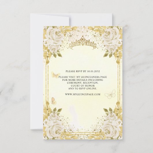 Budget Floral Imitate Gold Glitzer Crown Quinceañe Mitteilungskarte (Rückseite)