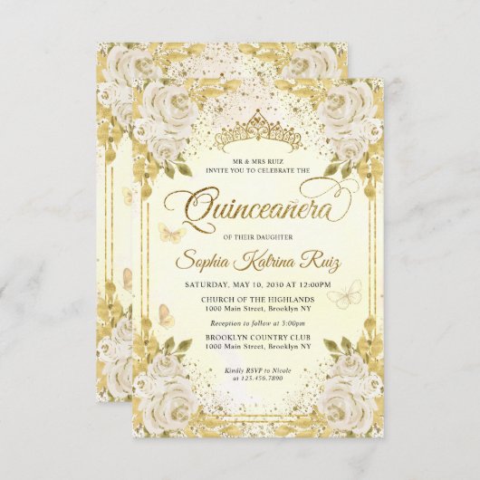 Budget Floral Imitate Gold Glitzer Crown Quinceañe Mitteilungskarte (Vorne/Hinten)