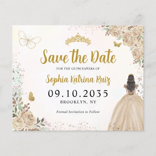 Budget Floral Light Gold Quinceanera Save the Date (Vorderseite)