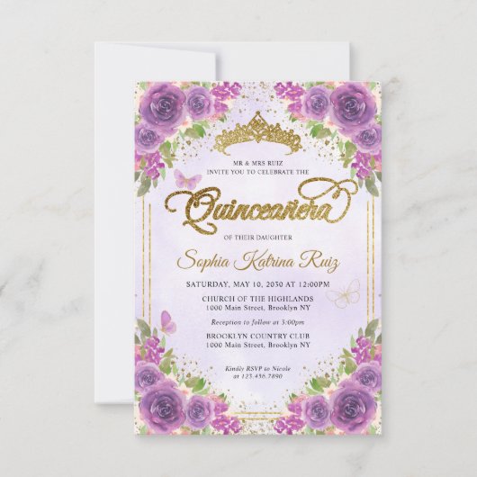 Budget Floral Lila Glam Gold Glitzer Quinceañera Mitteilungskarte (Vorderseite)