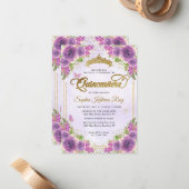 Budget Floral Lila Glam Gold Glitzer Quinceañera Mitteilungskarte (Vorderseite/Rückseite Beispiel)