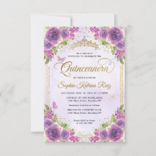 Budget Floral Lila Glam Gold Glitzer Quinceañera Mitteilungskarte