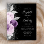 Budget Floral Lila Silver Glitzer Black Wedding<br><div class="desc">Die links Seite dieses eleganten,  modernen Hochzeitseinladens besticht durch einen Blumenstrauß in lila und Lavendeltönen,  bestickt mit Silberfolie aus Imitat und Imitat Glitzer und mit silberfarbenem Imitat-Glitzer. Der anpassbare Text kombiniert beige silbergraue Handschrift,  Copperplate und kursiv Schriftart auf schwarzem Hintergrund. Die Rückseite weist ein passendes Blumendesign auf.</div>