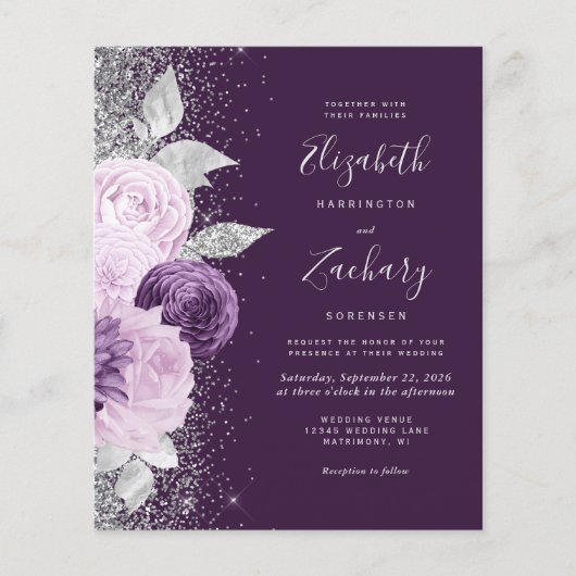 Budget Floral Lila Silver QR Code Hochzeit (Vorderseite)