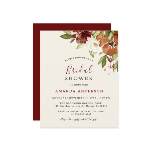 Budget Floral Maroon Bridal Dusche Einladung (Vorderseite/Rückseite Beispiel)
