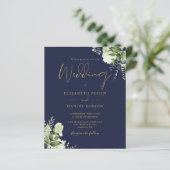 Budget Floral Navy Blue Gold Foto Hochzeit Einladu (Stehend Vorderseite)