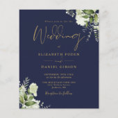 Budget Floral Navy Blue Gold Foto Hochzeit Einladu (Vorderseite)