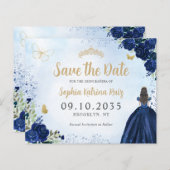 Budget Floral Navy Blue Quinceanera Save the Date (Vorne/Hinten)