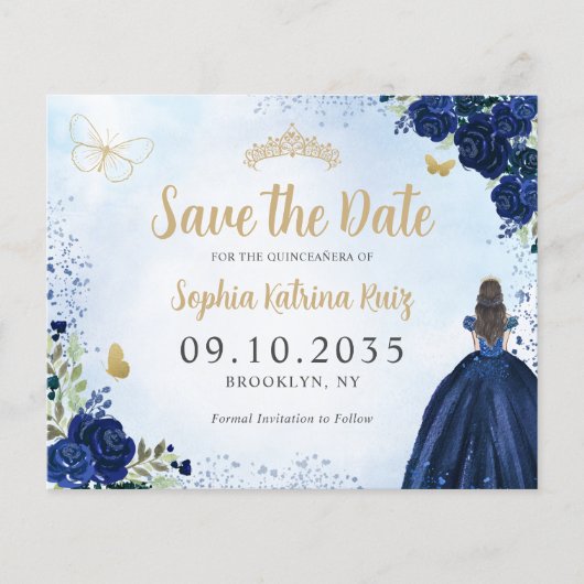 Budget Floral Navy Blue Quinceanera Save the Date (Vorderseite)