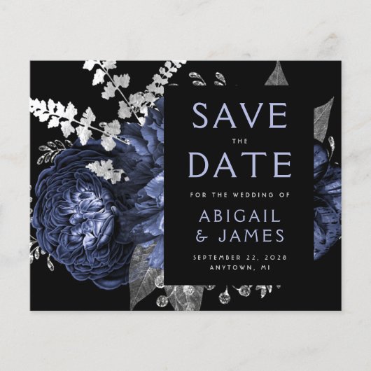 Budget Floral Navy Blue Silver Save the Date (Vorderseite)