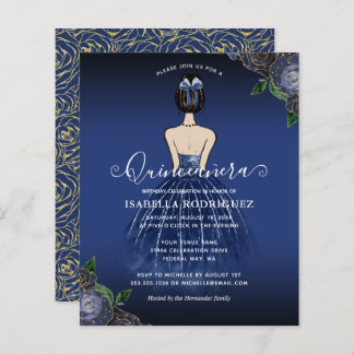 Budget Floral Navy Princess Gold Quinceañera