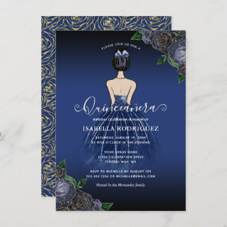 Budget Floral Navy Princess Gold Quinceañera Mitteilungskarte