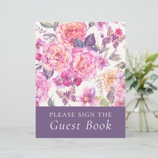 Budget Floral Peony Funerary Guest Book Sign (Stehend Vorderseite)