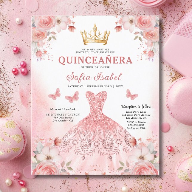 Budget Floral Pink Bilingual Spanish Quinceanera (Von Creator hochgeladen)