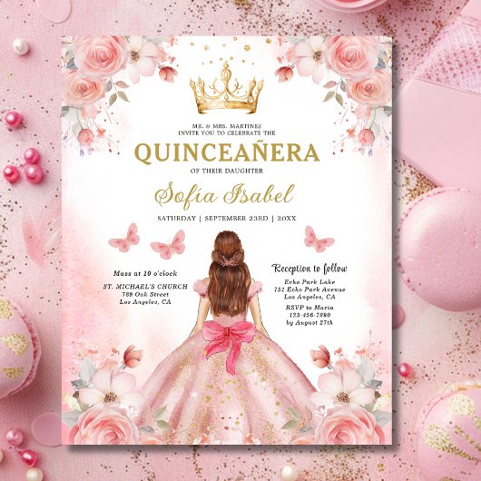 Budget Floral Pink Bilingual Spanish Quinceanera Flyer