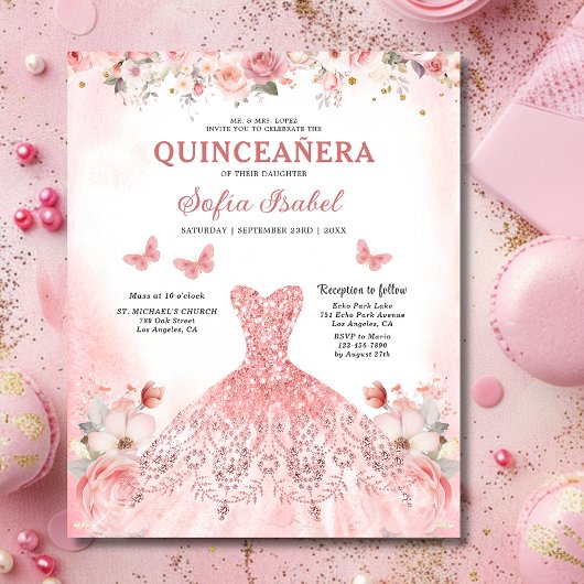 Budget Floral Pink Bilingual Spanish Quinceanera Flyer