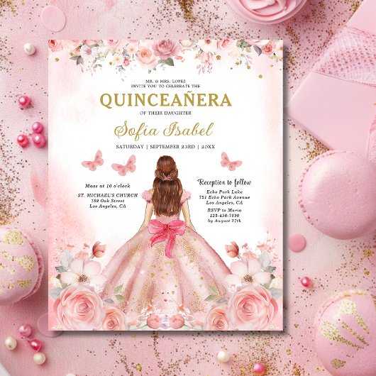 Budget Floral Pink Bilingual Spanish Quinceanera Flyer