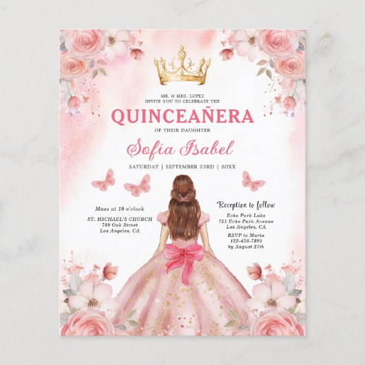 Budget Floral Pink Bilingual Spanish Quinceanera Flyer (Vorne)