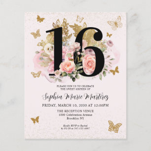 Budget Floral Pink Gold Schmetterling Sweet 16 Par