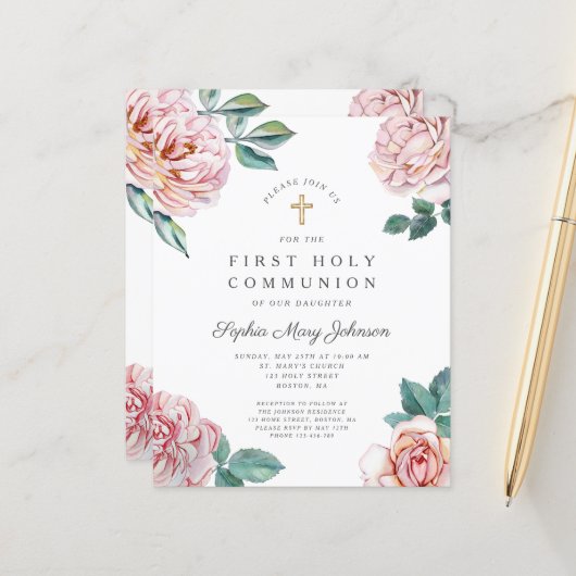 Budget Floral Pink Peonies Girl First Communation (Vorderseite/Rückseite Beispiel)