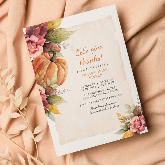 Budget Floral Pumpkin Friendsgiving Einladung (Pumpkin Thanksgiving Dinner Invitation)