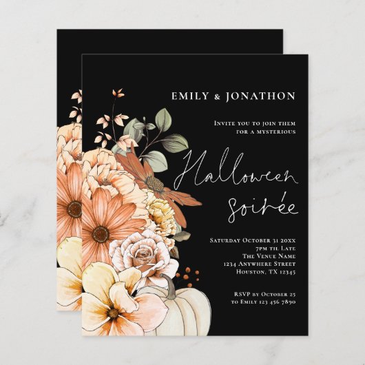 Budget Floral Pumpkin Script Halloween-Party Black (Vorne/Hinten)