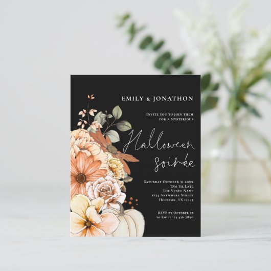 Budget Floral Pumpkin Script Halloween-Party Black (Stehend Vorderseite)