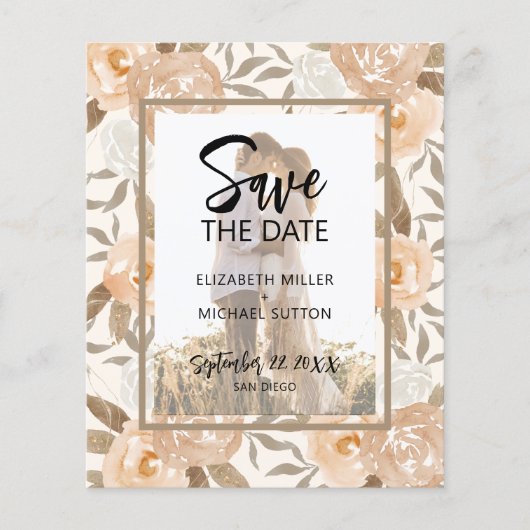 Budget Floral QR Code Foto Hochzeit Sichern Datum Flyer (Vorne)