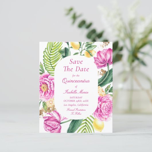 Budget Floral Quinceañera Save The Dates (Stehend Vorderseite)