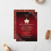 Budget Floral Red Gold Geburtstag Quinceañera Mitteilungskarte (Vorderseite/Rückseite Beispiel)