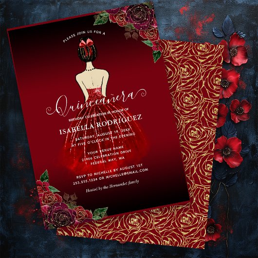 Budget Floral Red Gold Geburtstag Quinceañera Mitteilungskarte