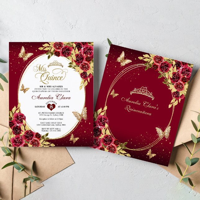 BUDGET Floral Red Gold Tiara Butterfly Quinceañera (Von Creator hochgeladen)