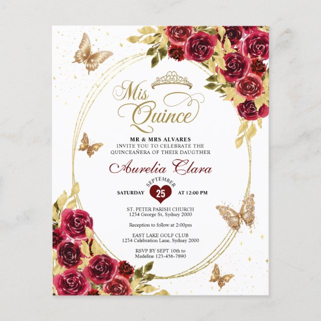 BUDGET Floral Red Gold Tiara Butterfly Quinceañera (Vorderseite)